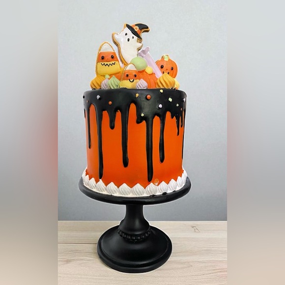 Ghoulish Halloween Candy Corn Ghost Cake Decor 13in Resin Black & Orange NEW - Picture 1 of 3